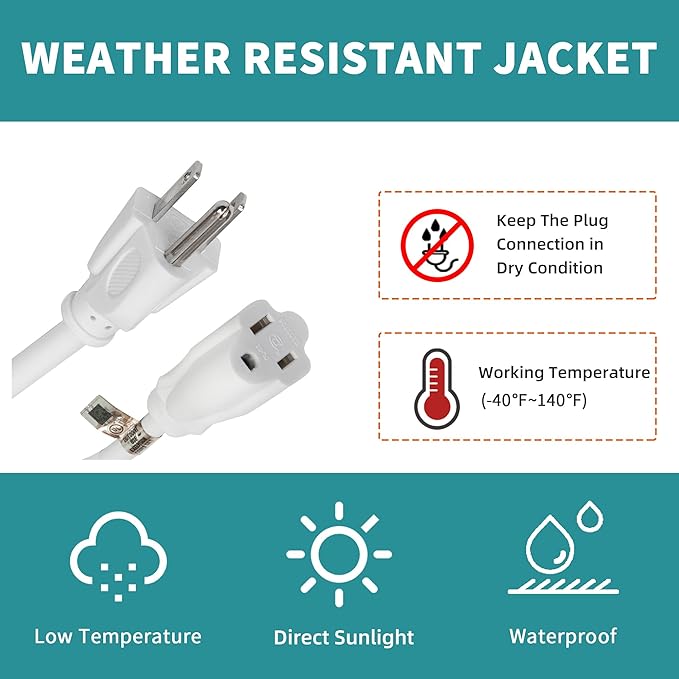 Indoor Outdoor Extension Cord Weatherproof, UL Certified, 16 Gauge 10FT White 3 Prong Heavy Duty, 16/3 SJTW 13A Power Cord for Outdoor Lights, Appliances, Lawn