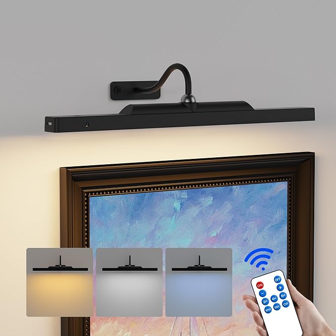 Dimmable Cordless Picture Light for Wall 16n, 5000mAh Rechargeable Battery Wall Sconce Art Light, CRI 95+ 350LM Wall Light for Gallery Artwork, Paintings, Photo, Portraits - Black