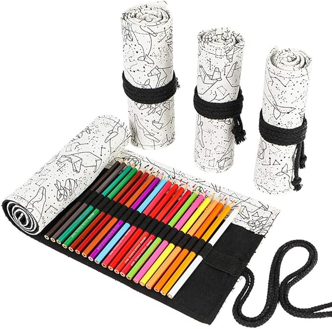 Funny live 24/36/48/72 Slots Colored Pencil Wrap Roll up Pen Holder Case Drawing Coloring Pencil Roll Organizer Stationery Case for Student Artist Traveler (Abstract Lines, 72 Slots)