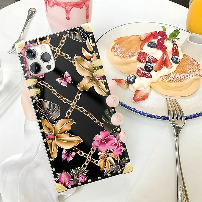 Compatible with iPhone 12 Pro Max Case, Pink Golden Chain Tropical Flower Luxury Golden Decoration for Girl Women Soft TPU Shockproof Protective Hard PC Back for iPhone 12 Pro Max