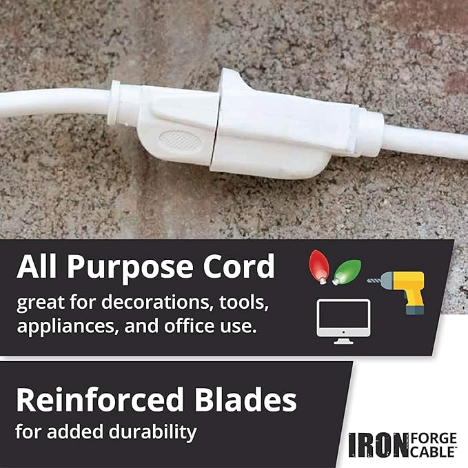 Iron Forge Cable Weatherproof 25 Ft Outdoor Extension Cord - 16/3 SJTW Heavy Duty White Extension Cord 3 Prong - 13 Amp Exterior Power Cable