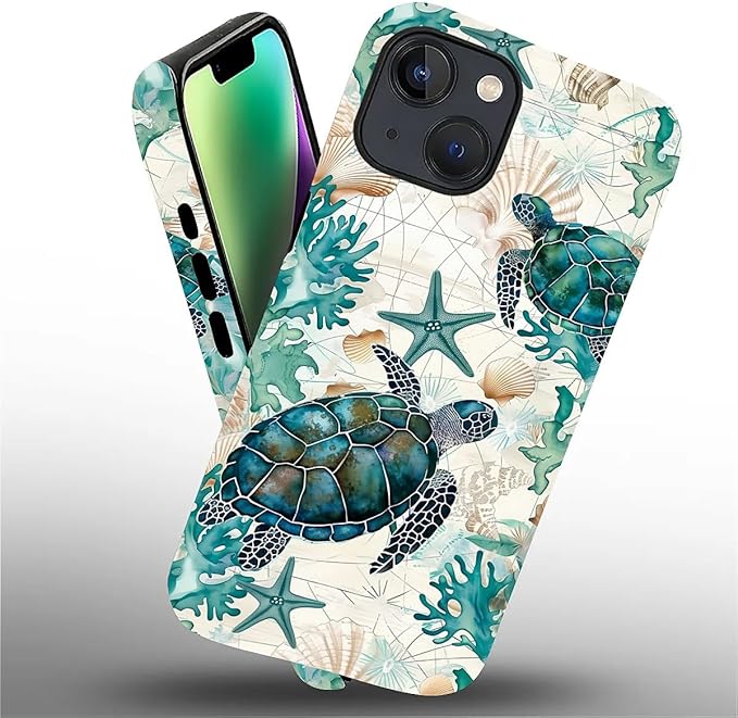 for iPhone 15 Plus Case,HH2 Ocean Sea Turtle Nautical Map Hybrid 2 Layer Hard Shell Silicone Protective Pattern Design Case
