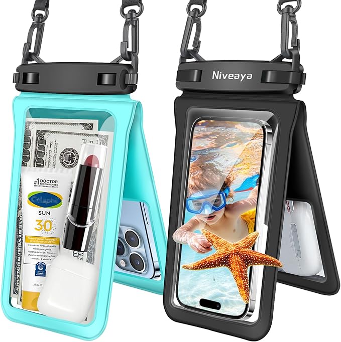 Niveaya Double Space Waterproof Phone Pouch - 2 Pack, Waterproof Phone Lanyard Case with iPhone 17/16/15/14/13 Pro Max up to 8.3", Phone Dry Bags for Vacation Beach Pool Kayak Cruise Travel Essentials