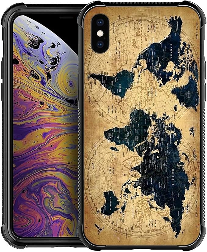 for iPhone X/Xs Case, Brown World Map Pattern Made of Soft Silicone Hard Acrylic Shock Protection for iPhone X/Xs