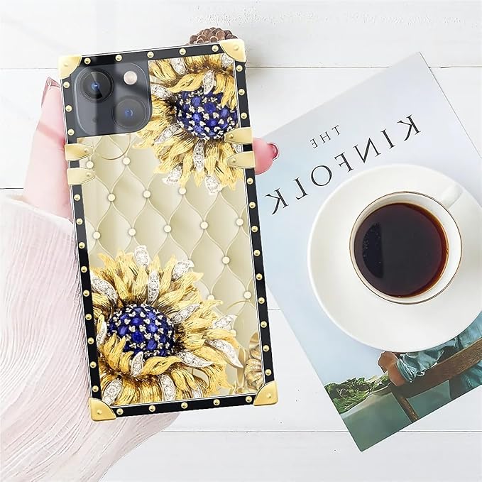 Compatible with iPhone 15 Case, Sunflower Diamonds Leather Luxury Golden Decoration for Girl Women Soft TPU Shockproof Protective Hard PC Back for iPhone 15
