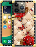 Compatible with iPhone 14 Pro Case, Shining Red Rose Butterfly Leather Background Luxury Golden Decoration for Girl Women Soft TPU Shockproof Protective Hard PC Back for iPhone 14 Pro