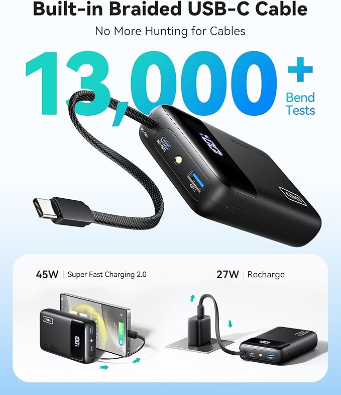 INIU 20000mAh Power Bank, Small Portable Charger, 45W PD Fast Charging Battery Pack with Build in USB-C Cable, Travel Phone Charger for iPhone 17 16 15 14 Air Samsung S25 S24 Google iPad Xiaomi, Black