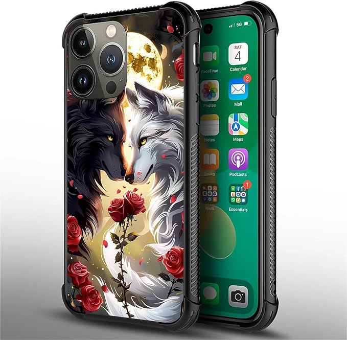 for iPhone 14 Pro Max Case, Black White Wolf Moon Flower Rose Pattern Graphic Design Girl Boy Soft Silicone Hard Acrylic Shock Protection for iPhone 14 Pro Max