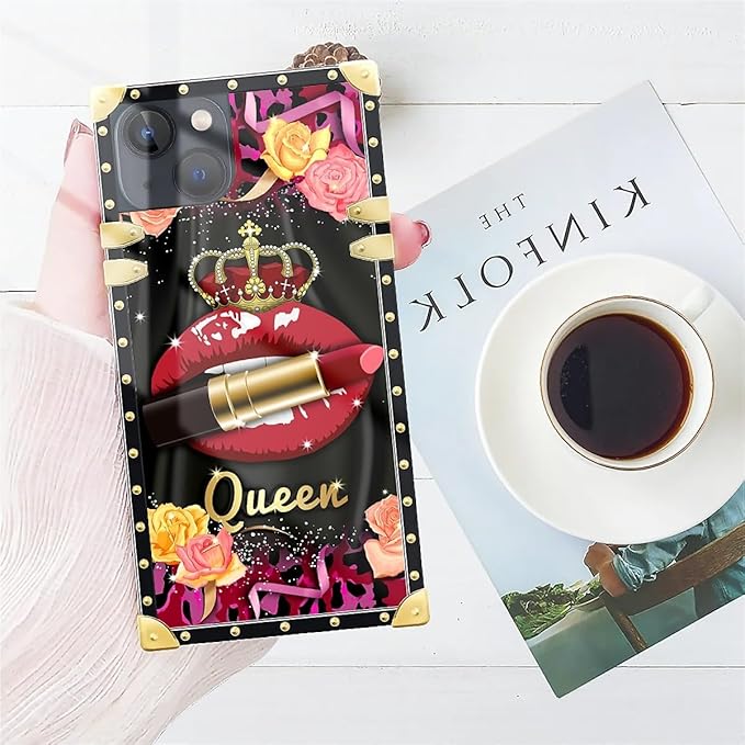 Compatible with iPhone 15 Case, Queen Lip Crown Leopard Print Luxury Golden Decoration for Girl Women Soft TPU Shockproof Protective Hard PC Back for iPhone 15