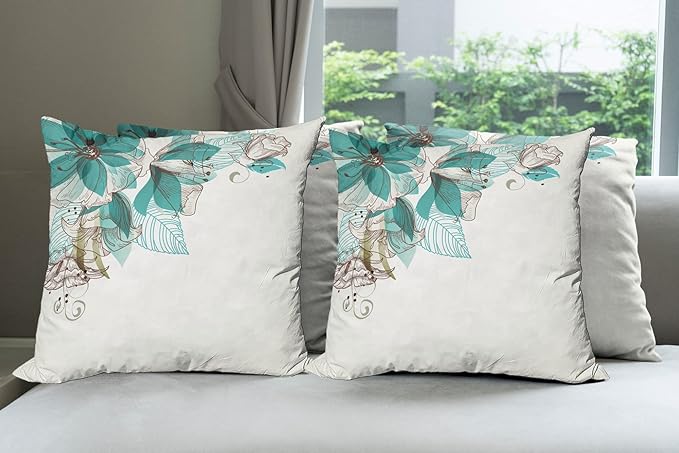Ambesonne Turquoise Throw Pillow Cushion Case Pack of 4, Flowers Buds Leaf at The top Left Corner Season Celebrating Theme, Modern Accent Double-Sided Digital Printing, 20", Teal Brown