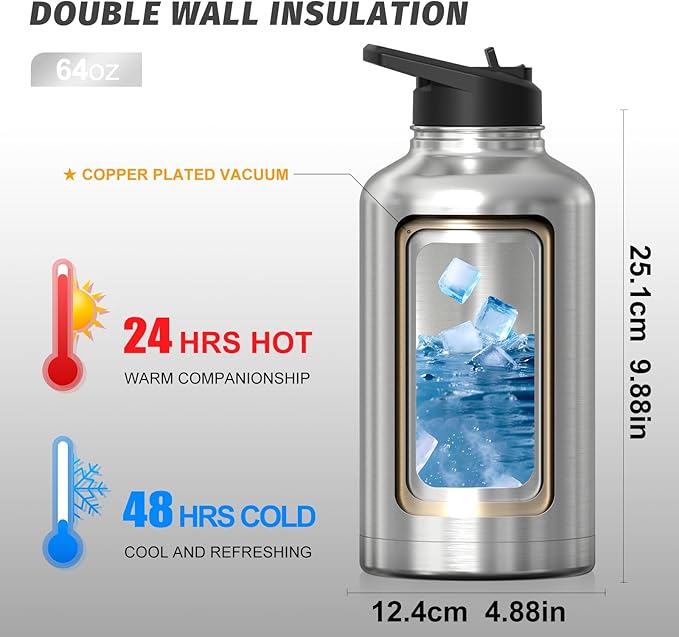 64oz Insulated Water Bottle (Cold for 48 Hrs),BPA Free&Leak Proof,Half Gallon Stainless Steel Water Flask,Water Jug with Straw Spout Lids for Gym,Hiking,Camping,Stainless