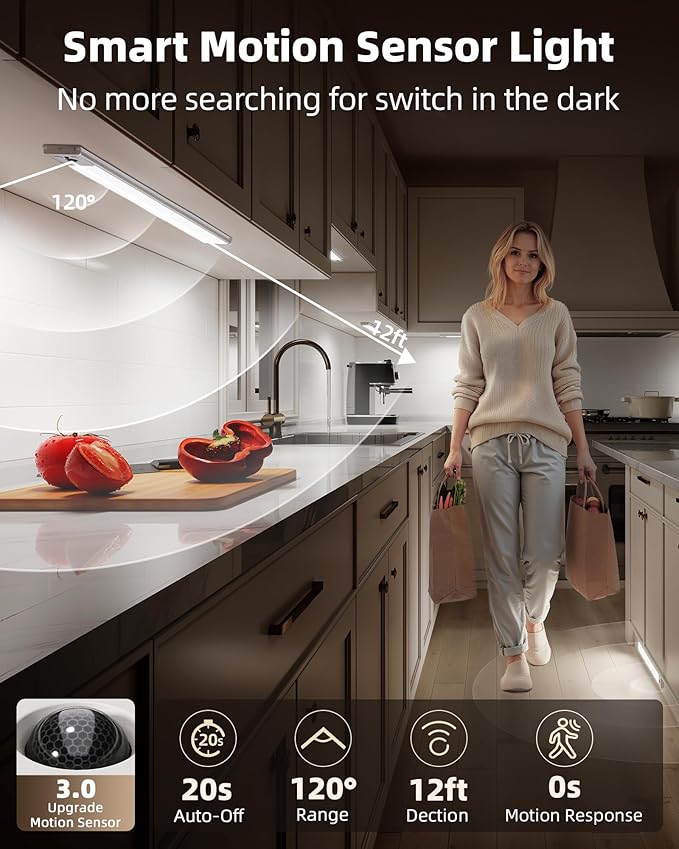 EZVALO 3-Pack Under Cabinet Lighting, 4000mAh Rechargeable Motion Sensor Light, 16inch Magnetic Closet Lights with Dimmable & 3 Color Temps, Wireless Motion Activated Lights with Remote for Kitchen