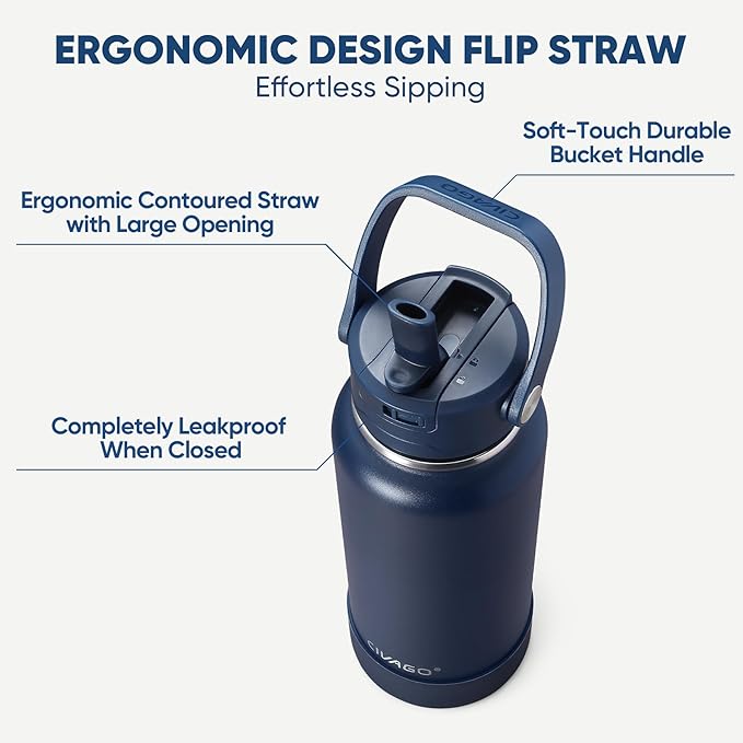 CIVAGO 32 oz Insulated Stainless Steel Water Bottle with Detachable Straw, Large Metal Water Jug with Bucket Handle, Leakproof Sports Water Flask with Silicone Boot, Dishwasher Safe, Indigo Black