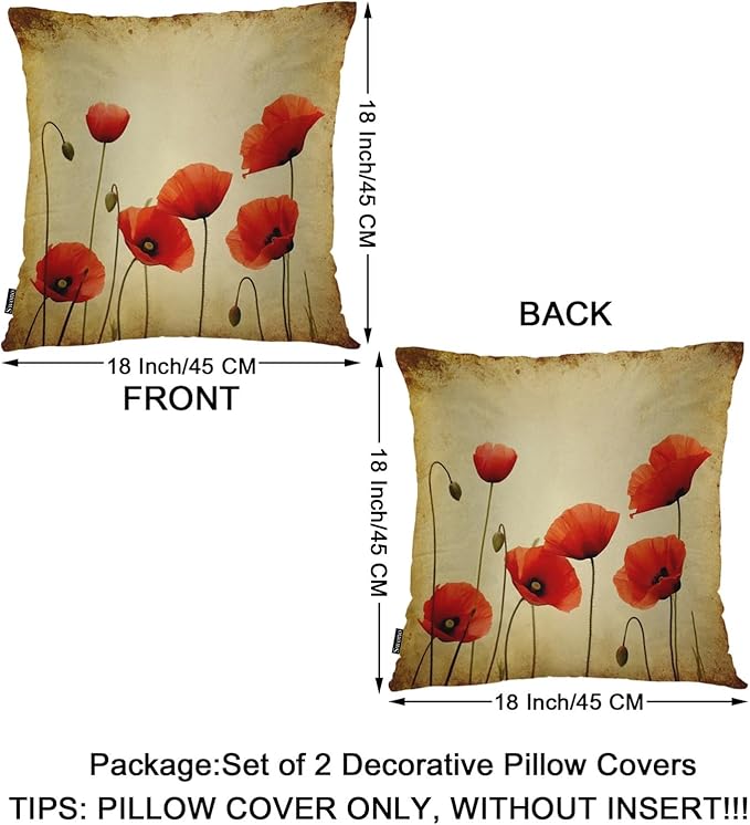 Swono Poppies Throw Pillow Cases, Grunge Poppy Flower Field Set of 2 Decorative Throw Pillow Cover, Square Pillow Cushion Case Home Decor for Sofa Couch Bed Car 18x18 Inches, Brown Red