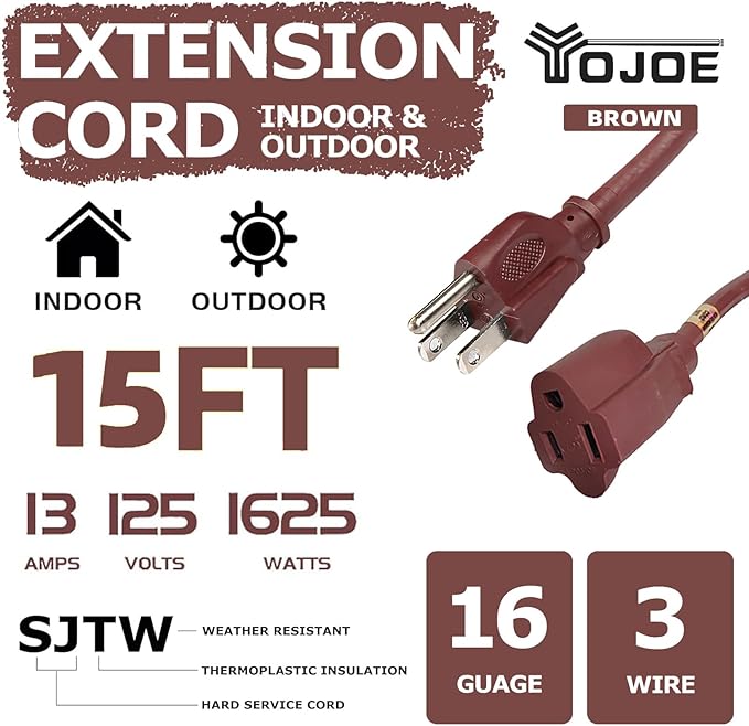 YOJOE Indoor Outdoor Extension Cord, 3 Prong 13A Weatherproof Power Cord, 16 Gauge Heavy Duty 15 ft Brown Extension Cord for Garage, Garden and Home, 16/3 SJTW UL Listed