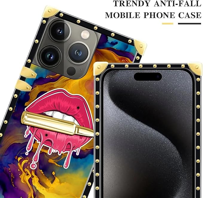 Compatible with iPhone 16 Pro Max Case, Cool Corlorful Lip Marble Luxury Golden Decoration for Girl Women Soft TPU Shockproof Protective Hard PC Back for iPhone 16 Pro Max