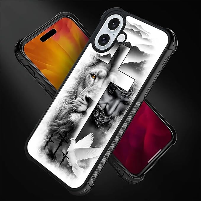for iPhone 16 Plus Case, Lion Cross Jesus Christ Dove Pattern Graphic Design Girl Boy Soft Silicone Hard Acrylic Shock Protection for iPhone 16 Plus