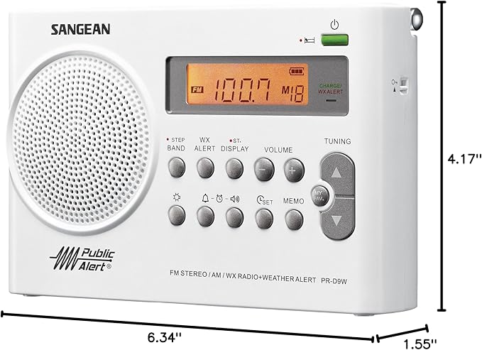 Sangean PR-D9W Portable AM/FM/NOAA Alert Radio with Built-in Battery Charger, White