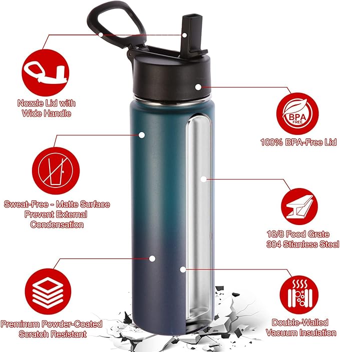 Volhoply 24 Ounce Insulated Water Bottle with Straw Lid,Stainless Steel Wide Mouth Sport Bottles with Handle,Double Wall Vacuum Cups Keep Cold,Reusable Travel Thermal Cups For Holder(Dark Night,1)
