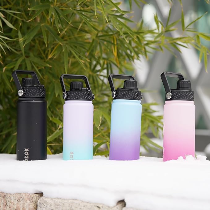 BJPKPK 2 Pack Insulated Water Bottles with Straw Lids, 18oz Stainless Steel Metal Water Bottle with 6 Lids, Leak Proof BPA Free Jugs, Cups, Flasks for Travel, Sports (Lavender Green+Black)