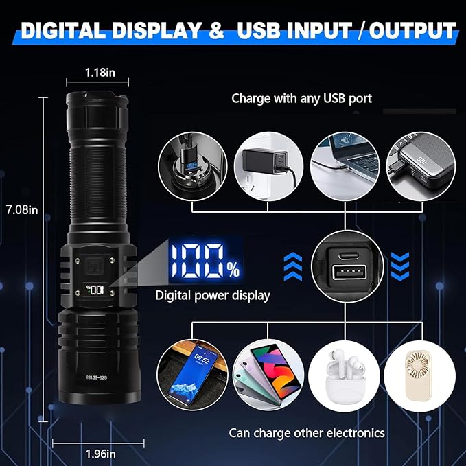 Rechargeable LED Flashlights 10000.00 High Lumens,𝟐𝟎𝟐𝟔 𝐍𝐞𝐰 High Powered Waterproof Tactical Flashlight Spotlight Flashlight for Home, Bright Flashlight Black for Outdoor Camping Emergency