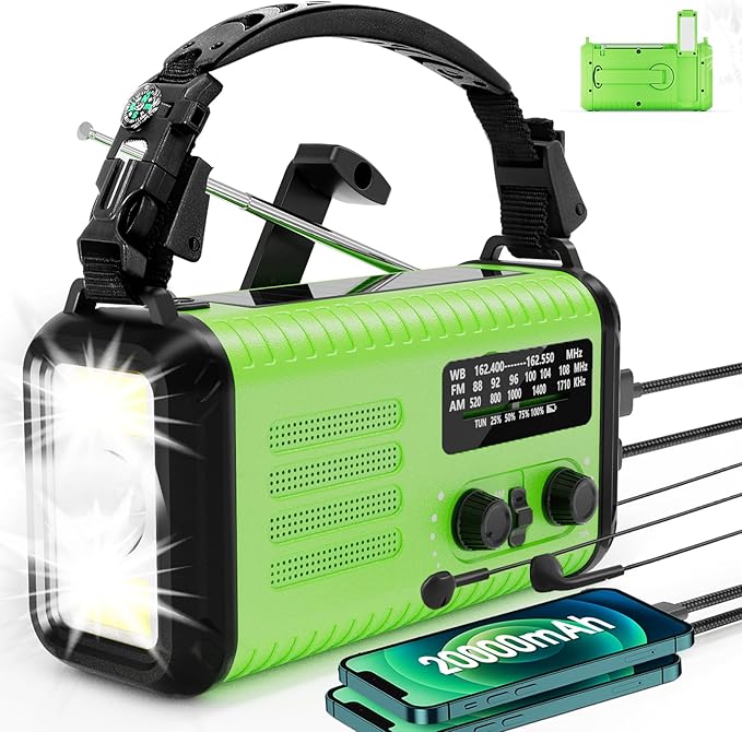 Emergency Hand crank Radio, NOAA Weather Radio AM FM Solar Powered, 20000mAh/74000mWh Battery Operated Flashlight Cell Phone Charger, USB Charging, Reading Lamp, SOS & Compass for Emergencies