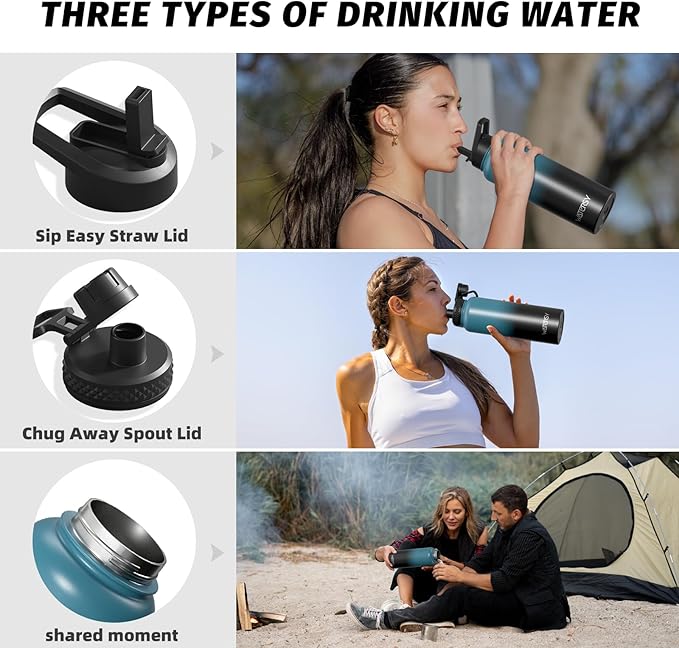 40oz Insulated Water Bottle (Cold for 48 Hrs),BPA Free&Leak Proof,Stainless Steel Water Flask,Water Jug with Straw Spout Lids for Gym,Hiking,Travel,Black Blue