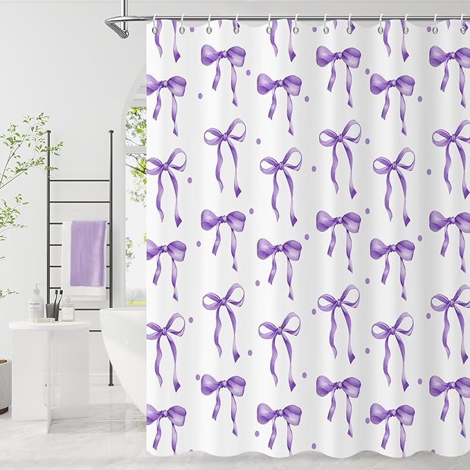 Purple Bow Shower Curtain, Purple and White Modern Aesthetic Bowknot with Polka Dot Cute Girly Bathroom Curtain Waterproof Fabric Machine Washable with Hooks, 72" Wx84 L