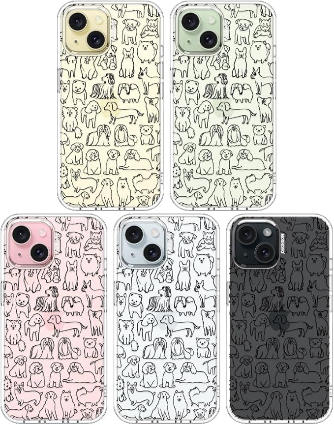 MOSNOVO Case for iPhone 15, [Buffertech 6.6ft Military-Grade Drop Protection] [Anti Peel Off Tech] Clear TPU Bumper Phone Case Cover Design - Doodle Dog