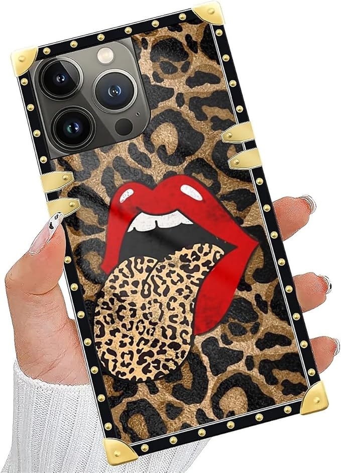 Compatible with iPhone 15 Pro Max Case, Brown Leopard Print Mouth Luxury Golden Decoration for Girl Women Soft TPU Shockproof Protective Hard PC Back for iPhone 15 Pro Max