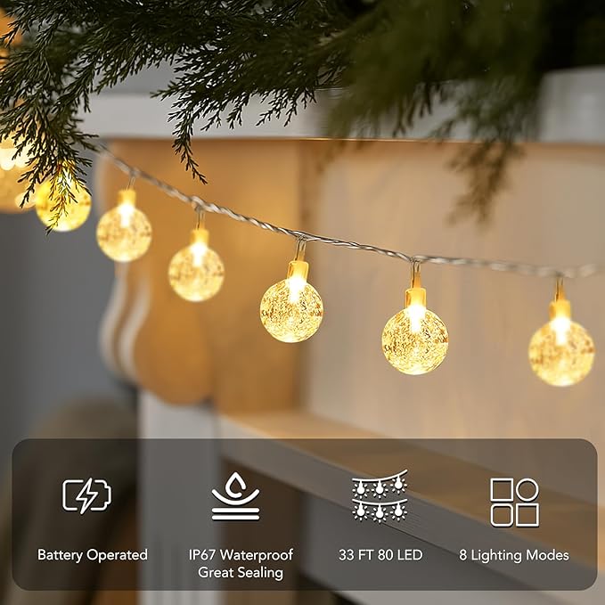 Metaku Globe Fairy Lights Battery Operated 33ft 80LED String Lights with Remote Waterproof Indoor Outdoor Hanging Decorative Christmas Lights for Home Party Patio Garden Wedding