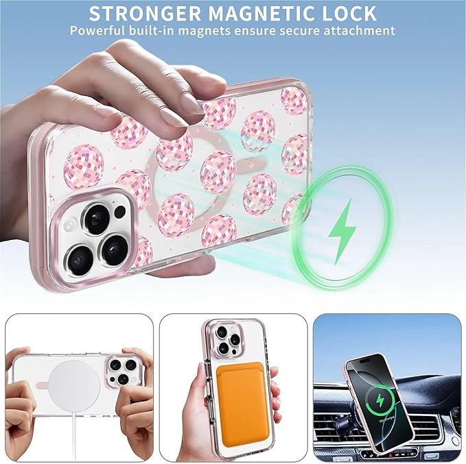Case for iPhone 16 Pro Max,[Compatible with MagSafe],Disco Balls Pink Phone Case Design，for Women Girls Magnetic Clear Cover - Slim, Sleek, & Shockproof Protection