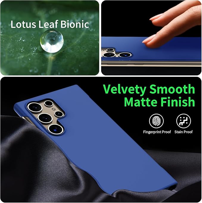 GRECAZO Slim Borderless for Samsung Galaxy S24 Ultra Phone Case 6.8"(2024) Ultra-Thin Lightweight Frameless Matte Hard PC Cover Case with Pull Ring Minimalist Non Slip Rope-Blue