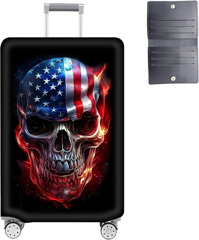Luggage Cover Protector for 22-24 Inch Suitcases, TSA Approved Elastic Travel Suitcase Covers, Anti-Scratch Washable Luggage Sleeve for Carry On & Checked Bags, Skull American Flag