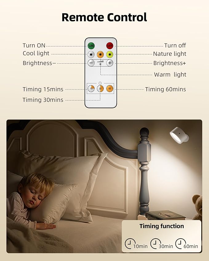LED Wall Mounted Lights, Rechargeable Wall Sconces Lamp, 3 Color Temps & Remote and Touch, 360° Rotation Dimmable Cordless Wall Light for Study Bedroom Reading Bedside(White, 2 Pack)