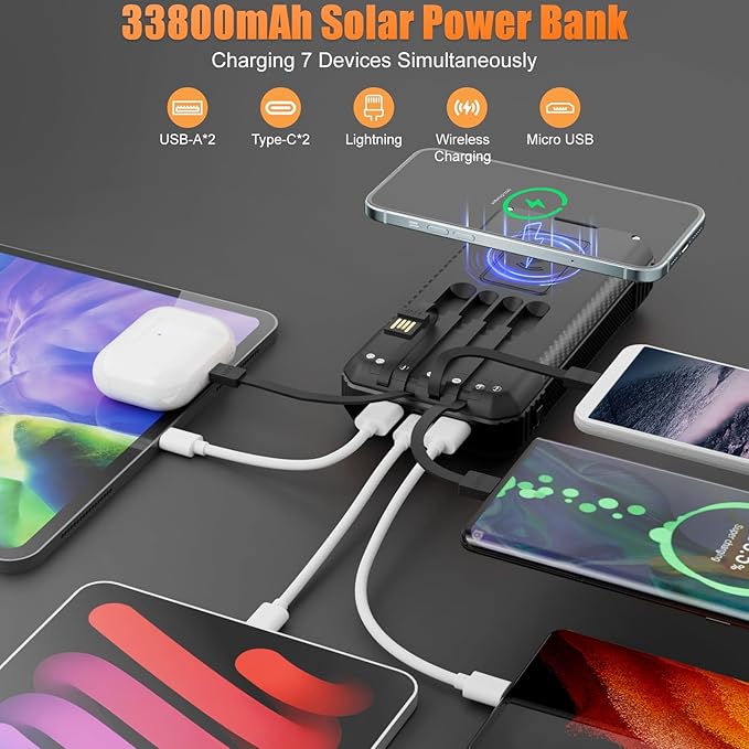 Solar Power Bank 33800mAh Wireless Portable Charger with Built-in 4 Cables, Fast Charging Battery Pack with 7 Outputs,4 Inputs, LED Camping Flashlight,Compass(Black)
