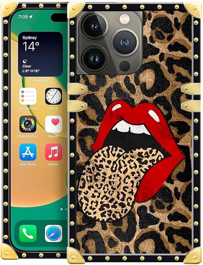 Compatible with iPhone 14 Pro Case, Brown Leopard Print Mouth Luxury Golden Decoration for Girl Women Soft TPU Shockproof Protective Hard PC Back for iPhone 14 Pro