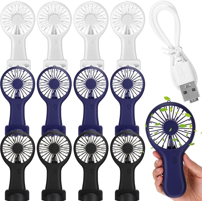 Woanger 12 Pcs Mini Handheld Fan Bulk 3 Speed USB Electric Battery Operated Small Portable Pocket Fan with Data Cable and Mounting Base Quiet Summer Gift for Wedding Camping Travel(Black White Blue)
