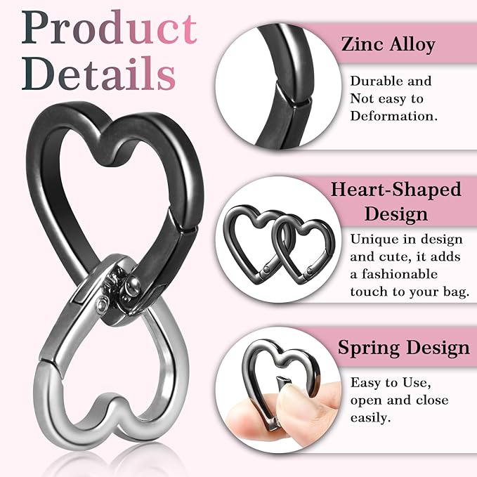 4pcs Heart Carabiner Keychain Clip, Metal Spring Heart Rings Hook Key Ring Carabiner Clips for Purse Bag Charms Backpack Strap Dog Tags Hang Water Bottle Paracord Keychain Lanyard(Gold Black)