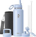 Water Bottle 32 oz Insulated with Straw, Coolflask Stainless Steel Metal 3 Lids Water Flask Wide Mouth for Sports or Office, Non-BPA Keep Cold Up to 48 Hrs or Hot Up to 24 Hrs, Light Blue