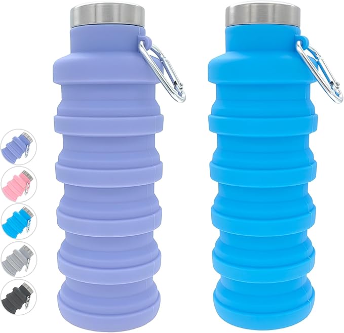 YCT Collapsible Water Bottle 17oz（500ml），Travel Portable Sport Water Bottle，Reusable Silicone Foldable Water Bottles for Gym Camping Hiking (Purple+Blue)