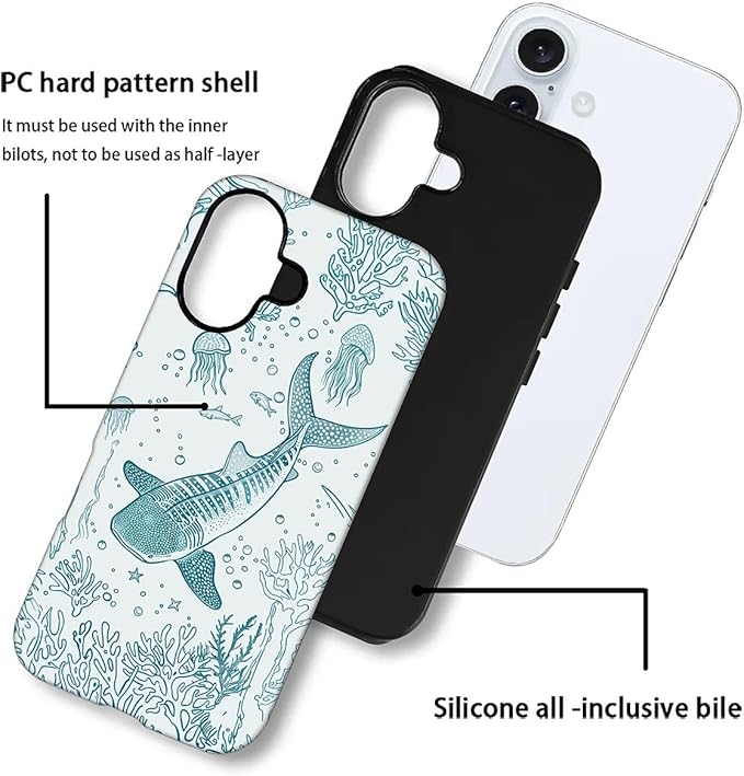 for iPhone 16 Plus Case,HH2 Ocean Whale Shark Hybrid 2 Layer Hard Shell Silicone Protective Pattern Design Case
