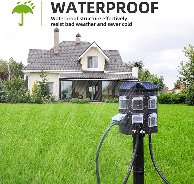 TiFFCOFiO Outdoor Power Strip with Stake Waterproof, 90 FT Extension Cord, 6 Grounded Outlets for Outdoor Lights, 14 AWG, 15A/1875W, ETL Listed