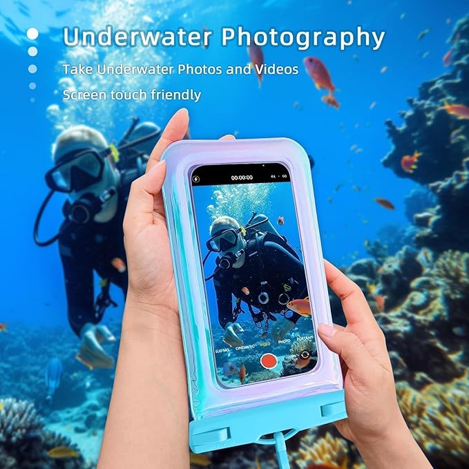 Floatable Soap Bubble Waterproof Phone Pouch/Case with Crossbody Lanyard for iPhone 17 16 Pro Max/15 Pro/14/13/12, IP68 Cellphone Dry Bag Beach Cruise Ship Essentials,Iridescent Blue,1 Pack