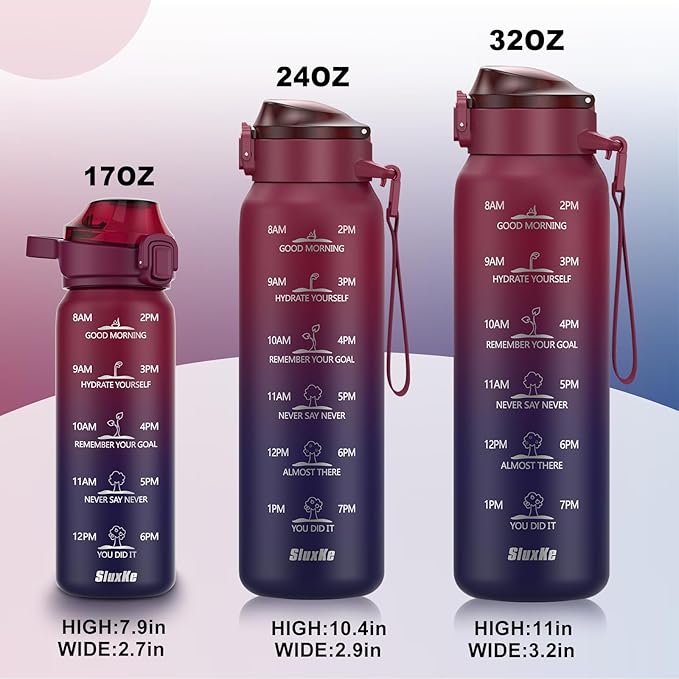 SLUXKE Insulated Water Bottle 32oz with 2Lids(Straw Lid & Spout Lid), 1L Double Walled Water Bottle with Time Marker, 1000ml Stainless Steel Metal Flask for Fitness, Gym and Outdoor RED BLACK