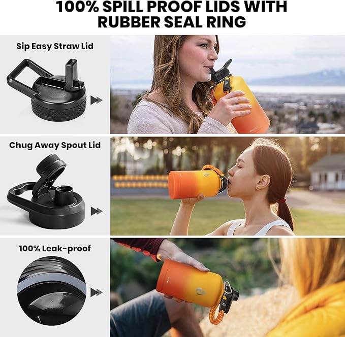 RAYMYLO Insulated Water Bottle 64 oz, Triple Wall Vacuum Stainless Steel (Cold for 48 Hrs), Leak Proof & Non-BPA, Half Gallon Water Flask Jug with Paracord Handle & Straw Spout Lids, Ombre Orange
