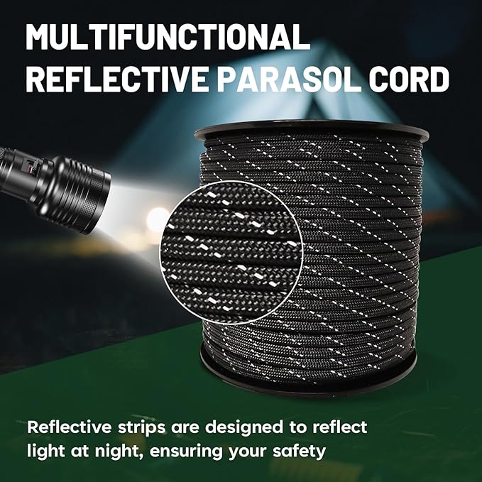 SDHUATUO Paracord Rope 100FT, 550lb Type III Nylon Parachute Cord 7-Strand Core with Reflective Strips, Utility String for Survival, Camping Gear, Hiking, DIY, Crafting, Outdoor, Black