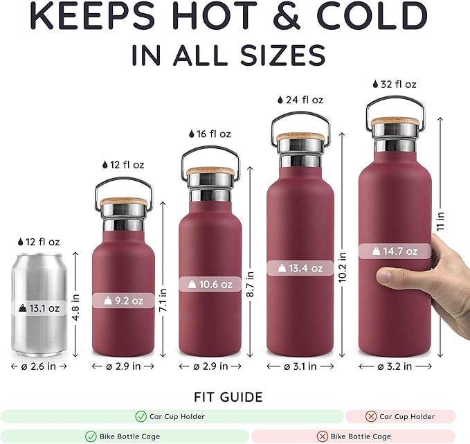 Bambaw 24 oz Insulated Water Bottle, Reusable Stainless Steel Water Bottles, Made of High-Grade Stainless Steel, Lightweight & Easy to Carry, Wide Mouth & Leak-Proof (Red Berry)