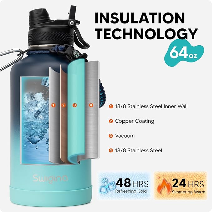Swigina [2-IN-1 LID] 64 oz Insulated Water Bottle with Silicone Boot (48hrs Cold/24hrs Hot) - DIY Stickers, Leakproof, BPA Free, Half Gallon