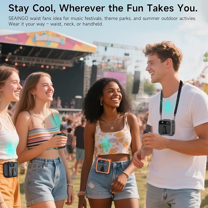 SEAINGO Portable Waist Fan Rechargeable – 10000mAh, 42 ft/s Max, 5 Speeds 16000RPM, Personal Cooling Wearable Clip Body Belt Shirt Fans, Hanging Neck Fan with Light for Camping Travel Outdoor Indoor